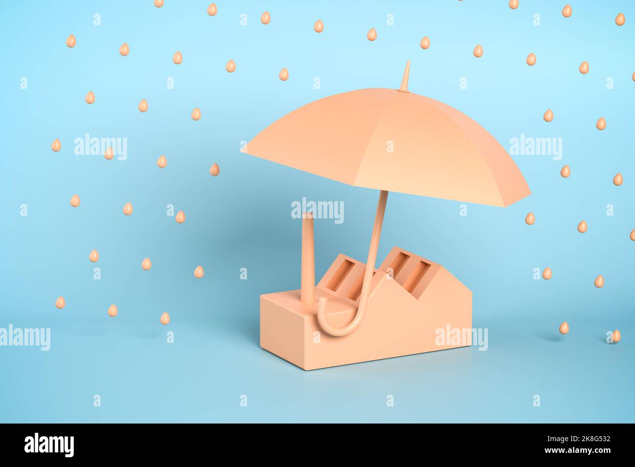 Concetto di protezione o assicurazione: Una fabbrica minimalistica sotto un ombrello aperto che la protegge dalla pioggia. Foto Stock