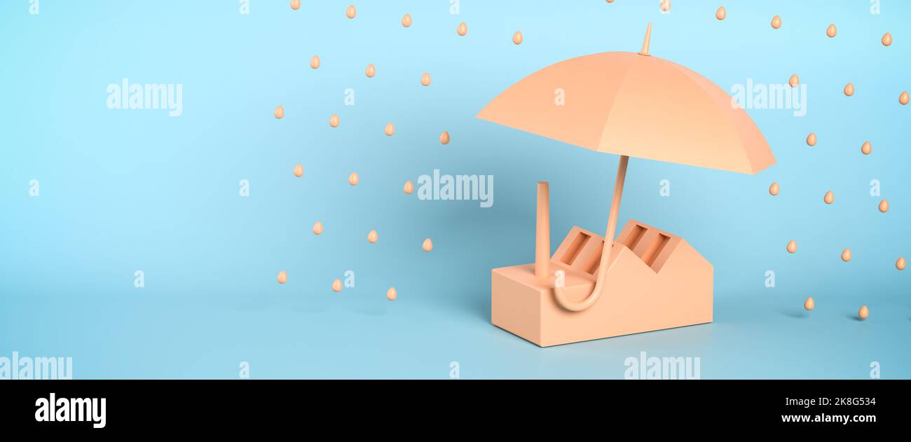 Concetto di protezione o assicurazione: Una fabbrica minimalistica sotto un ombrello aperto che la protegge dalla pioggia. Formato banner Web Foto Stock