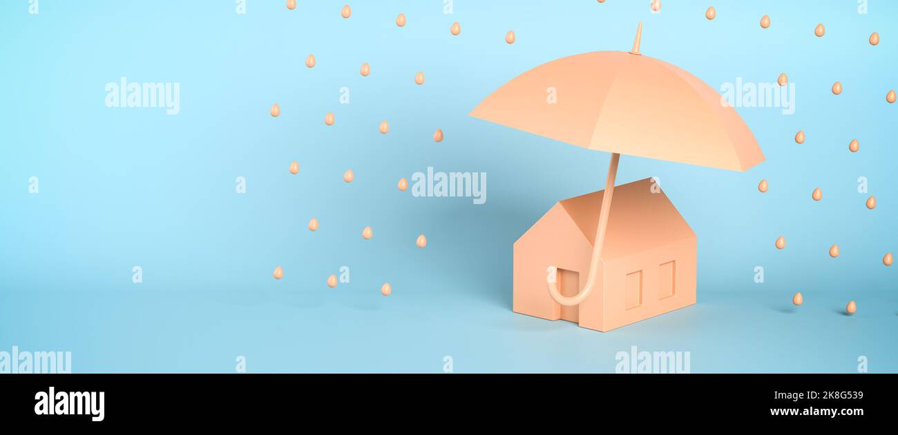 Concetto di protezione o assicurazione: Una casa minimalista sotto un ombrello aperto che la protegge dalla pioggia. Formato banner Web Foto Stock