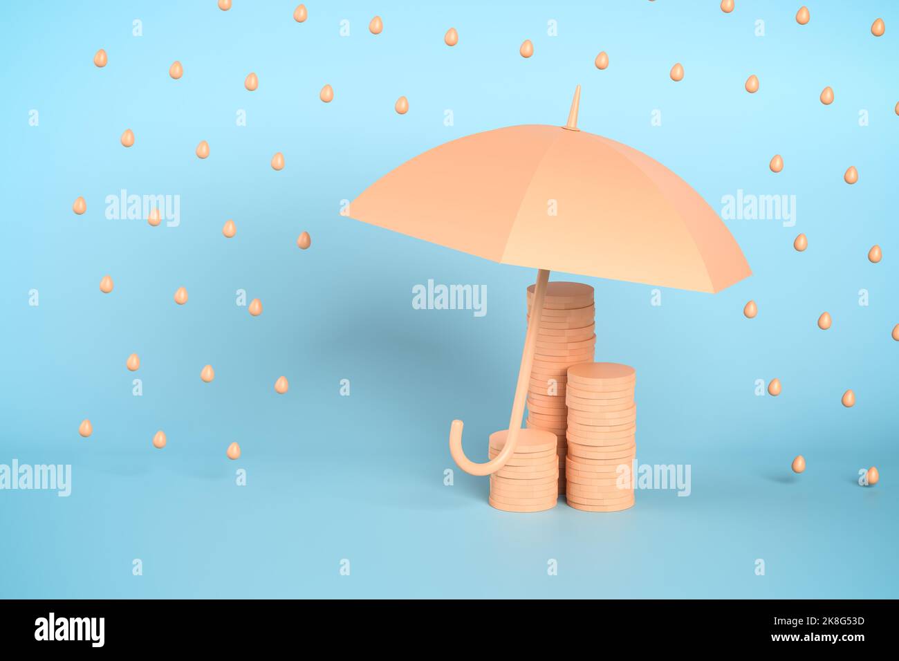 Concetto di protezione o assicurazione: Pile minimalistiche di monete sotto un ombrello aperto che le protegge dalla pioggia. Foto Stock