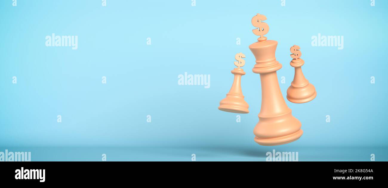 Concetto di strategia commerciale: Pezzi di scacchi con segni del dollaro. Formato banner Web Foto Stock