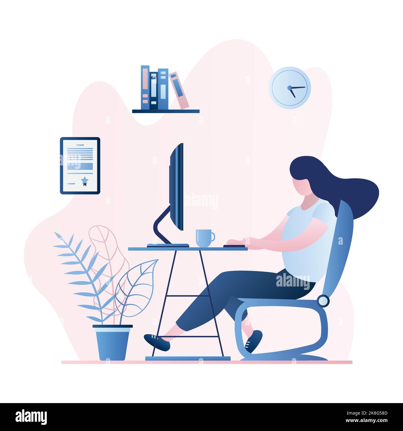 Donna d'affari o dipendente sul luogo di lavoro. Interno di spazio di lavoro con arredamento. Processo di lavoro e concetto di giorno di ufficio. Disegno vettoriale di stile trendy Illustrazione Vettoriale