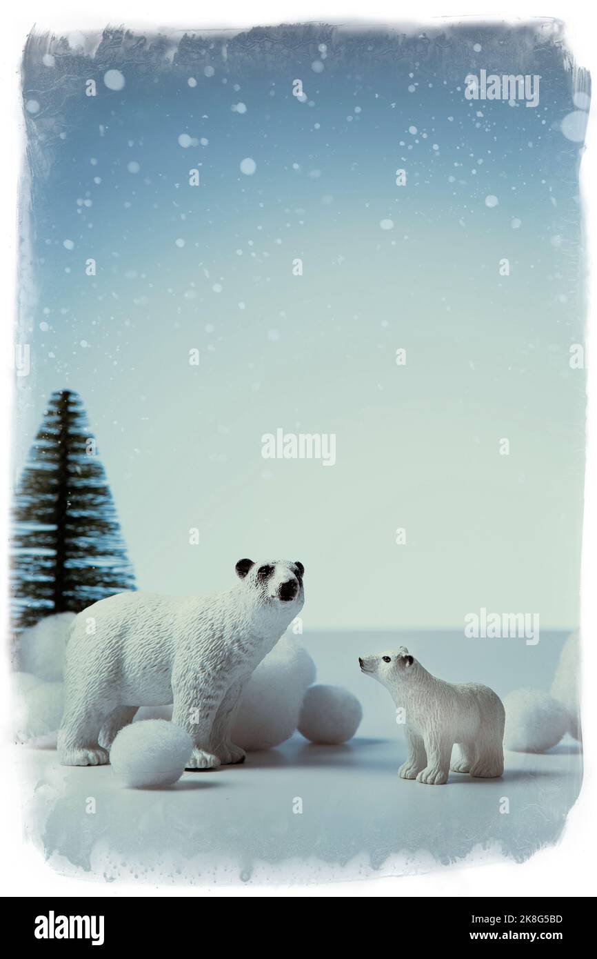 Astratto sfondo invernale vintage, orsi polari in nevicate, colori blu pastello. Concetto per Natale e Capodanno Foto Stock