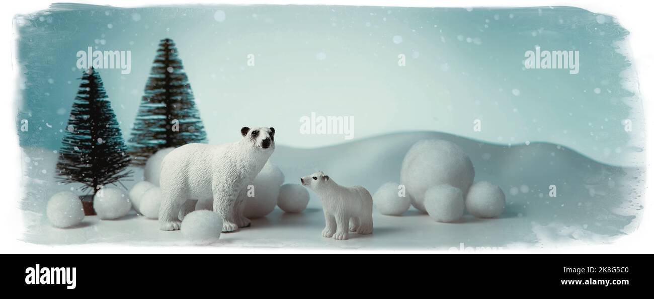 Sfondo vintage per striscioni invernali, orsi in nevicate, sfondo blu pastello. Concetto per Natale e Capodanno Foto Stock