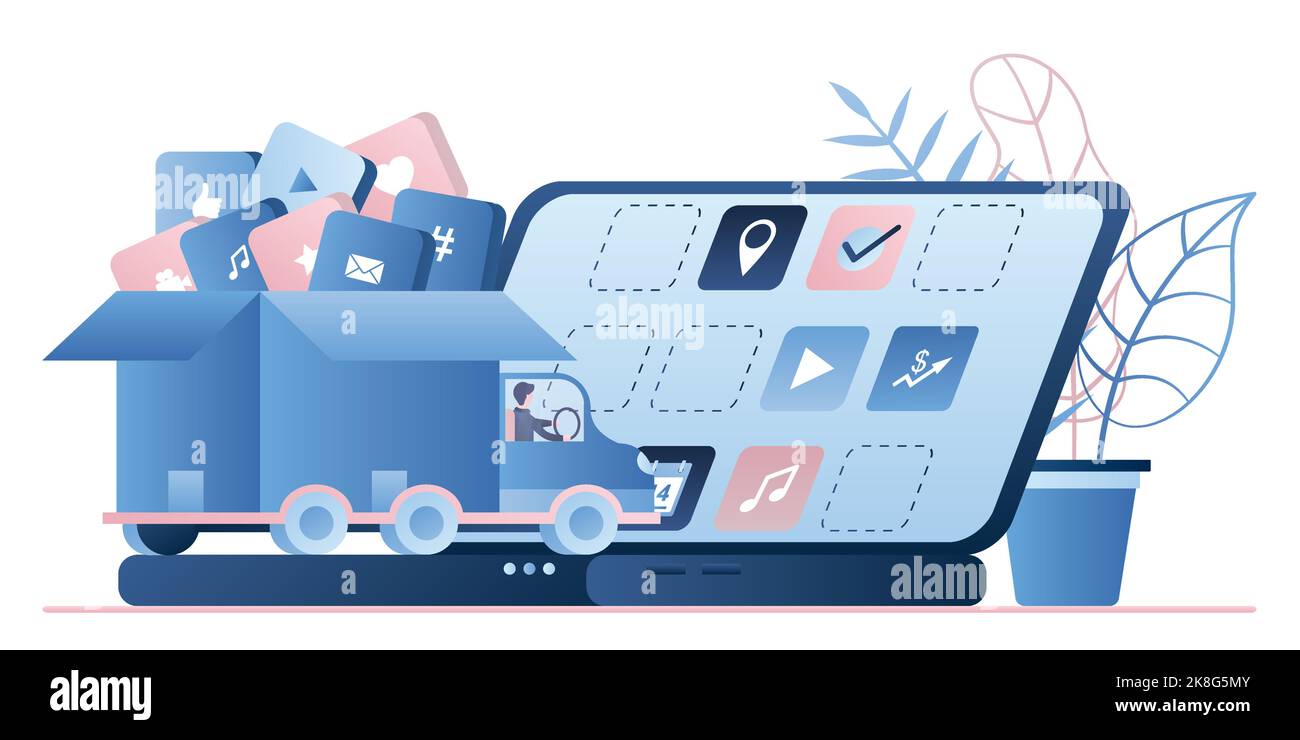Camion con varie applicazioni in scatola aperta e grande notebook moderno senza parte delle applicazioni. Trasporto con software in stile trendy, illustrazione vettoriale Illustrazione Vettoriale