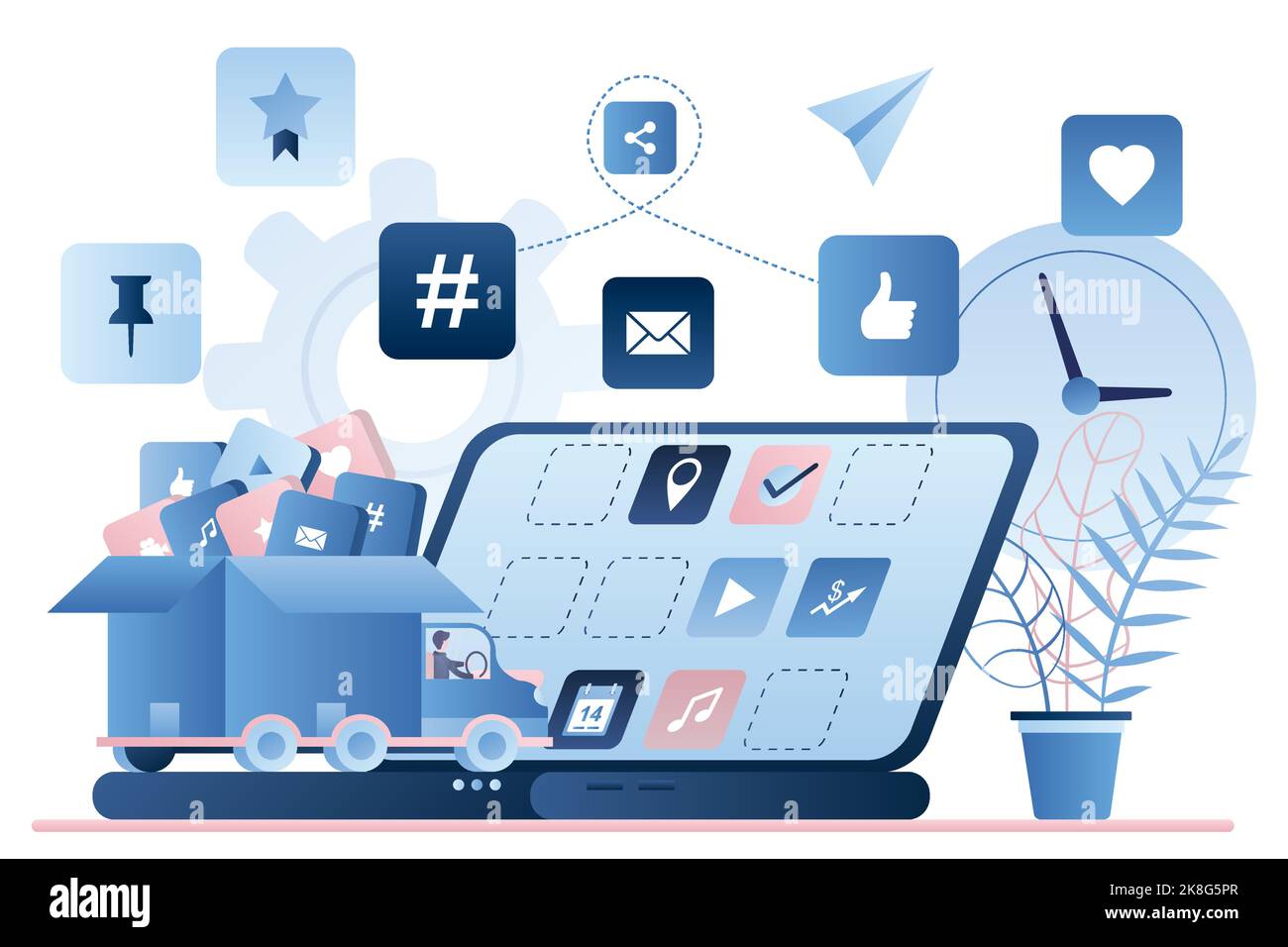 Camion con varie applicazioni in scatola aperta e grande notebook moderno senza parte delle applicazioni. Trasporto con software in stile trendy. Cartelli Web o mobili. Illustrazione Vettoriale