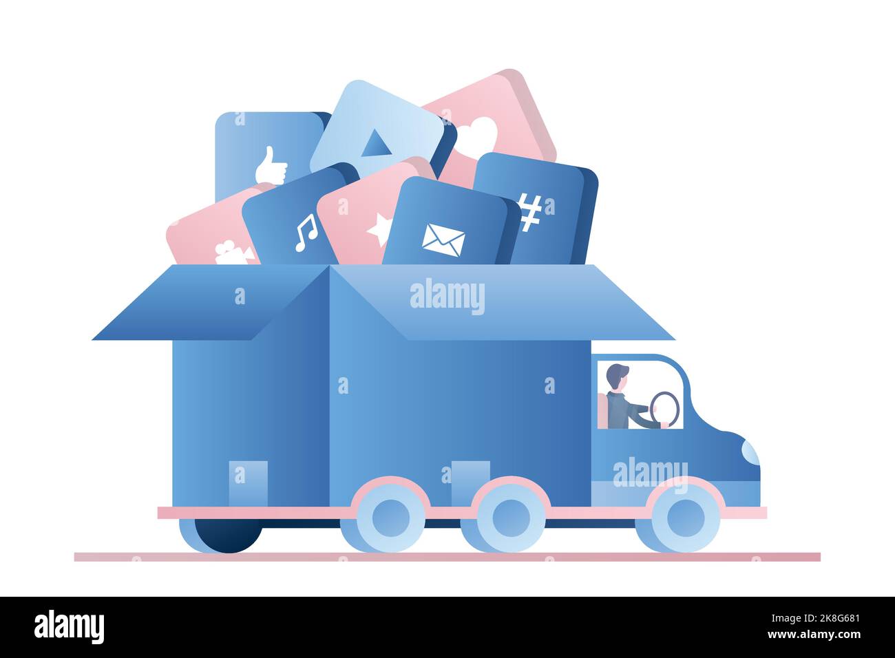 Carrello con varie applicazioni in scatola aperta. Conducente in cabina. Veicolo isolato su sfondo bianco. Trasporto con software in stile trendy, vettore ill Illustrazione Vettoriale