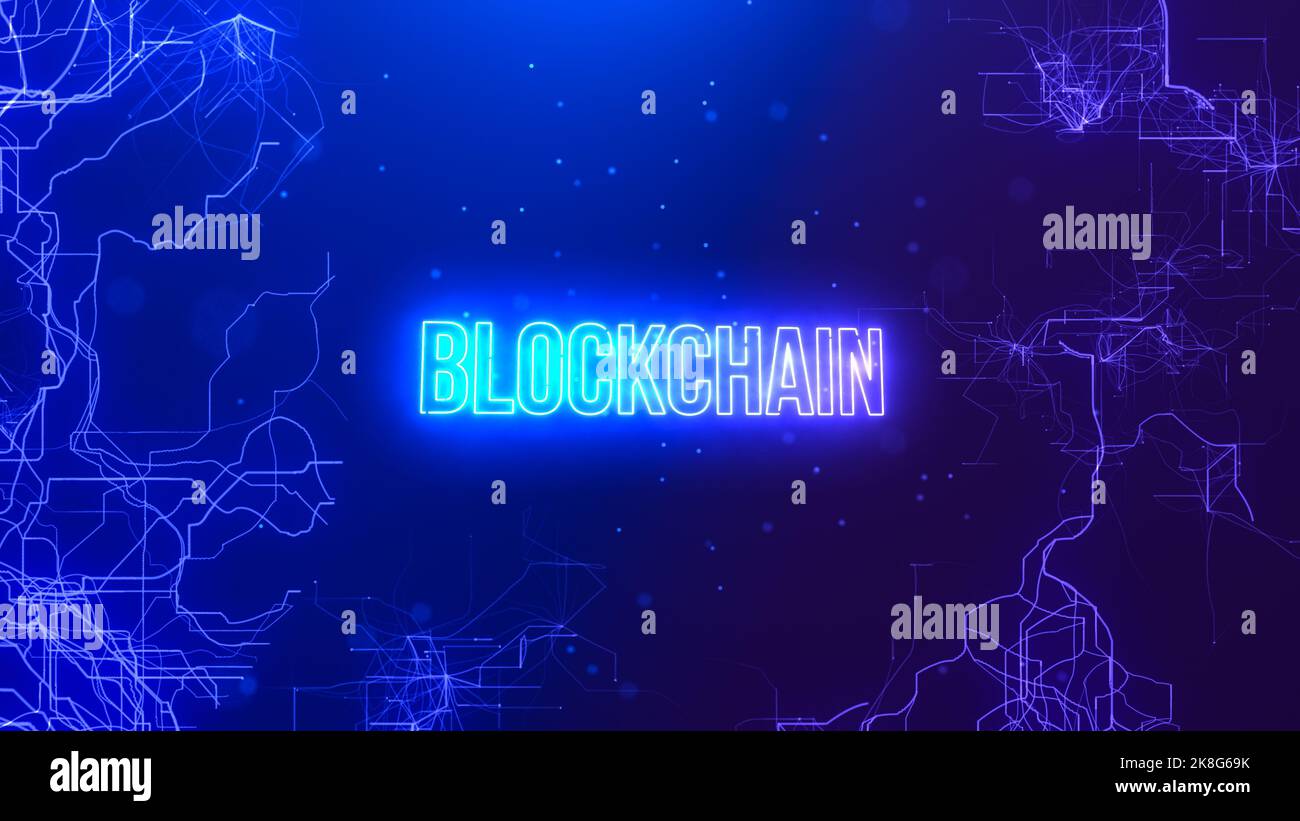 Testo Blockchain su sfondo astratto della fibra di connessione con dati crittografati. Concetto metaverse. Foto Stock