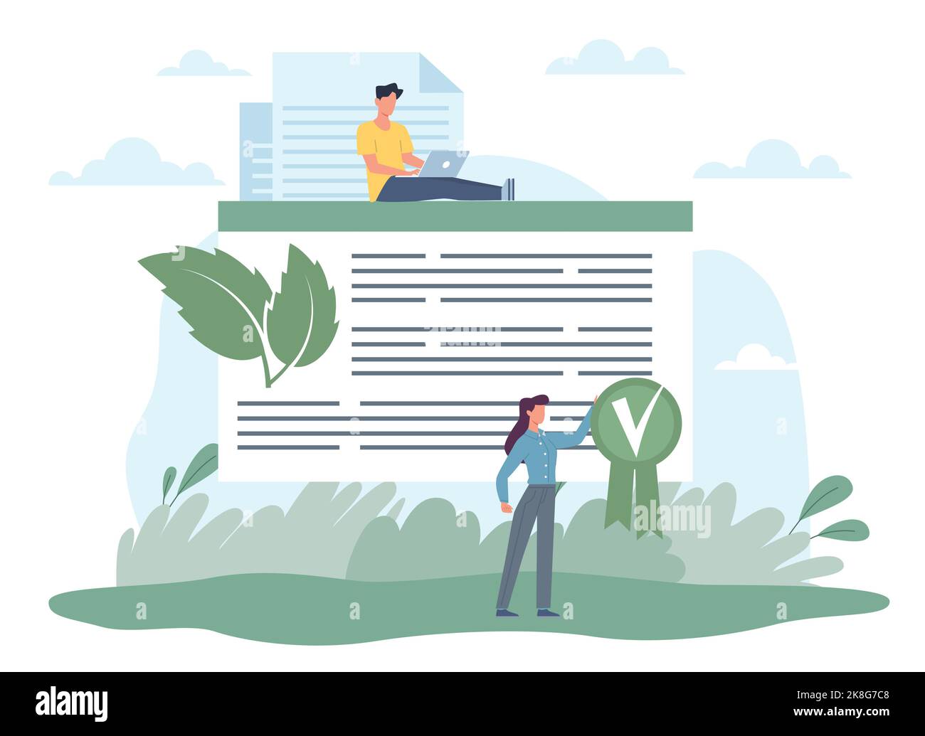 Certificato verde, diploma, consumo ecologico risorse naturali. Prodotti naturali di qualità biologica. Licenza ECO. Business sostenibile Illustrazione Vettoriale