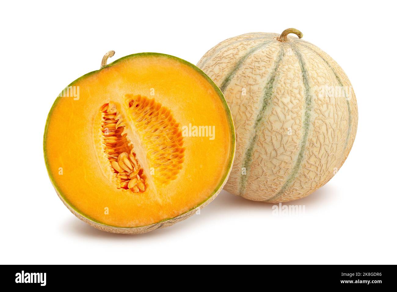 percorso di melone cantaloupe a fette isolato su bianco Foto Stock