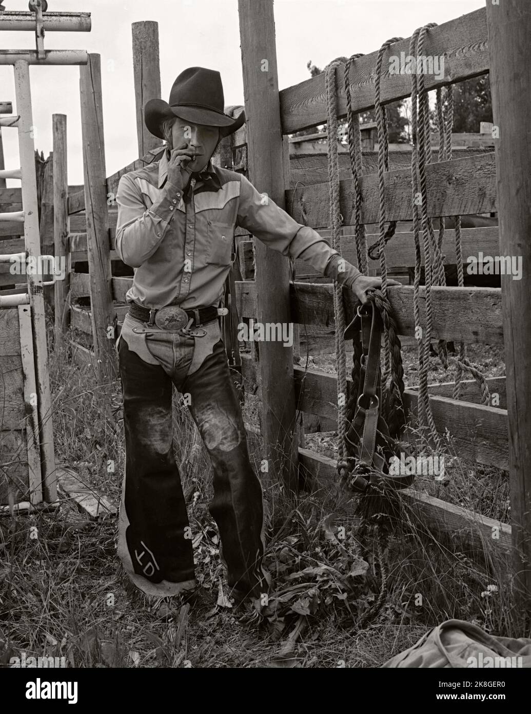 Ritratto monocromatico vintage di un cowboy rodeo che indossa dei calzoni in pelle e si appoggia contro uno scivolo per iscritto su Stone, Alberta Canada. Circa 1983 Foto Stock