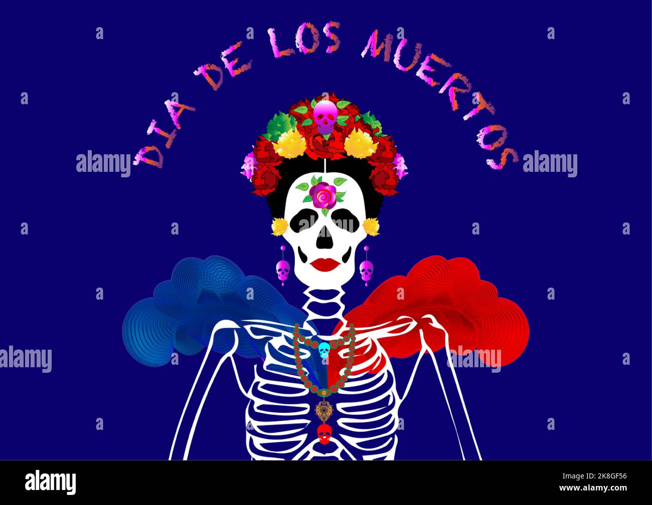 Dia de los muertos, giorno della festa messicana morta. Cranio donna con make up di Catrina con fiori corona. Poster, banner e scheda Illustrazione Vettoriale