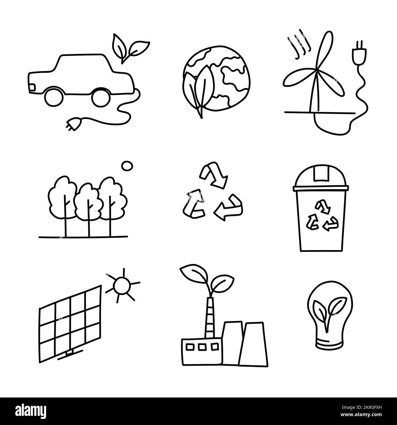 icone disegnate a mano sull'ecologia, l'economia energetica Illustrazione Vettoriale
