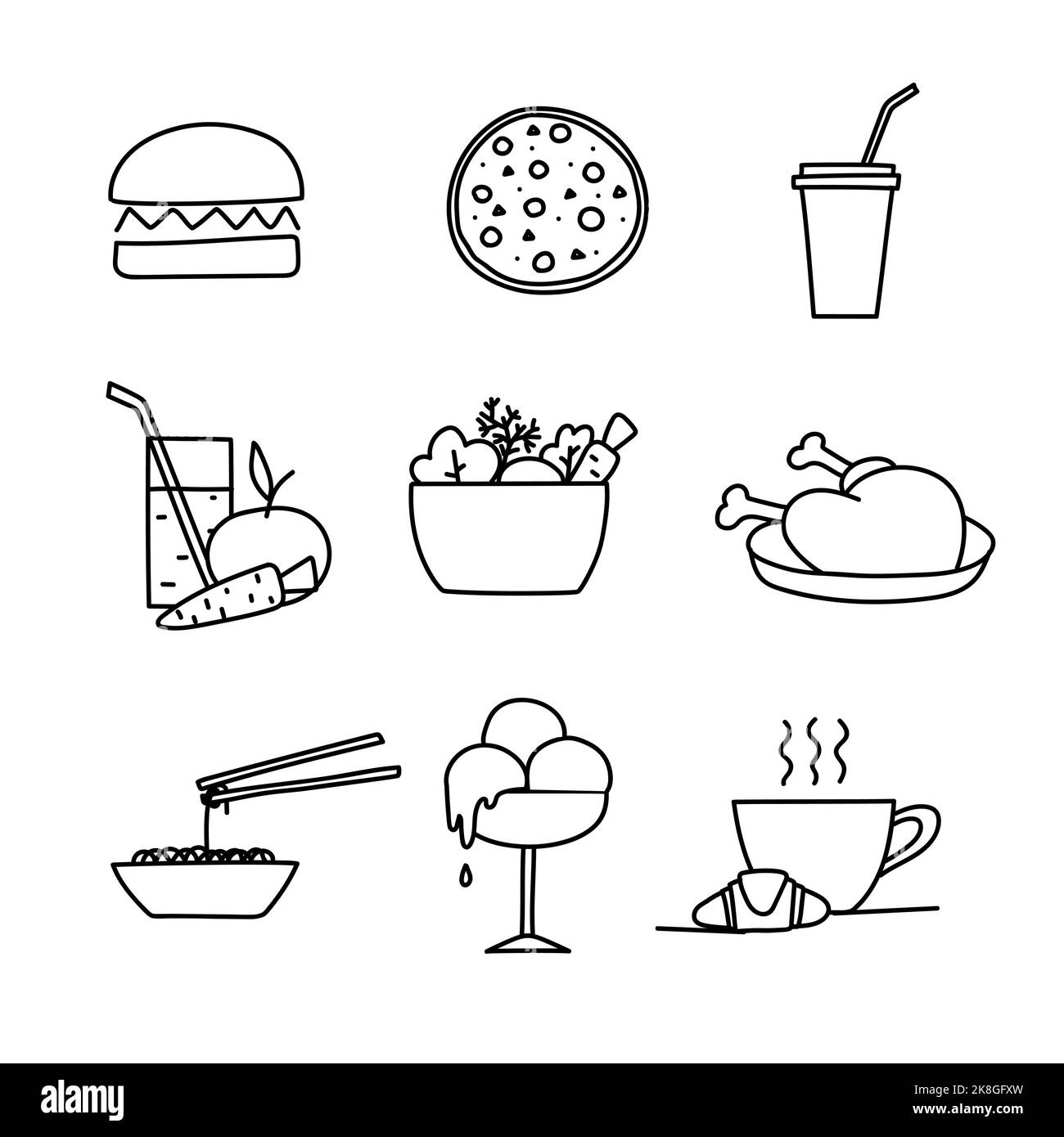 icone di cibo disegnate a mano, gelato di hamburger Illustrazione Vettoriale