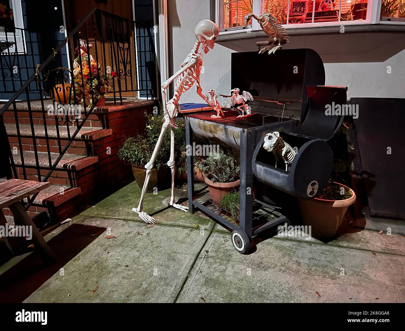 Freaky Halloween scheletro di avere un barbecue nel cortile di una casa in una strada residenziale a Brooklyn, New York. Foto Stock