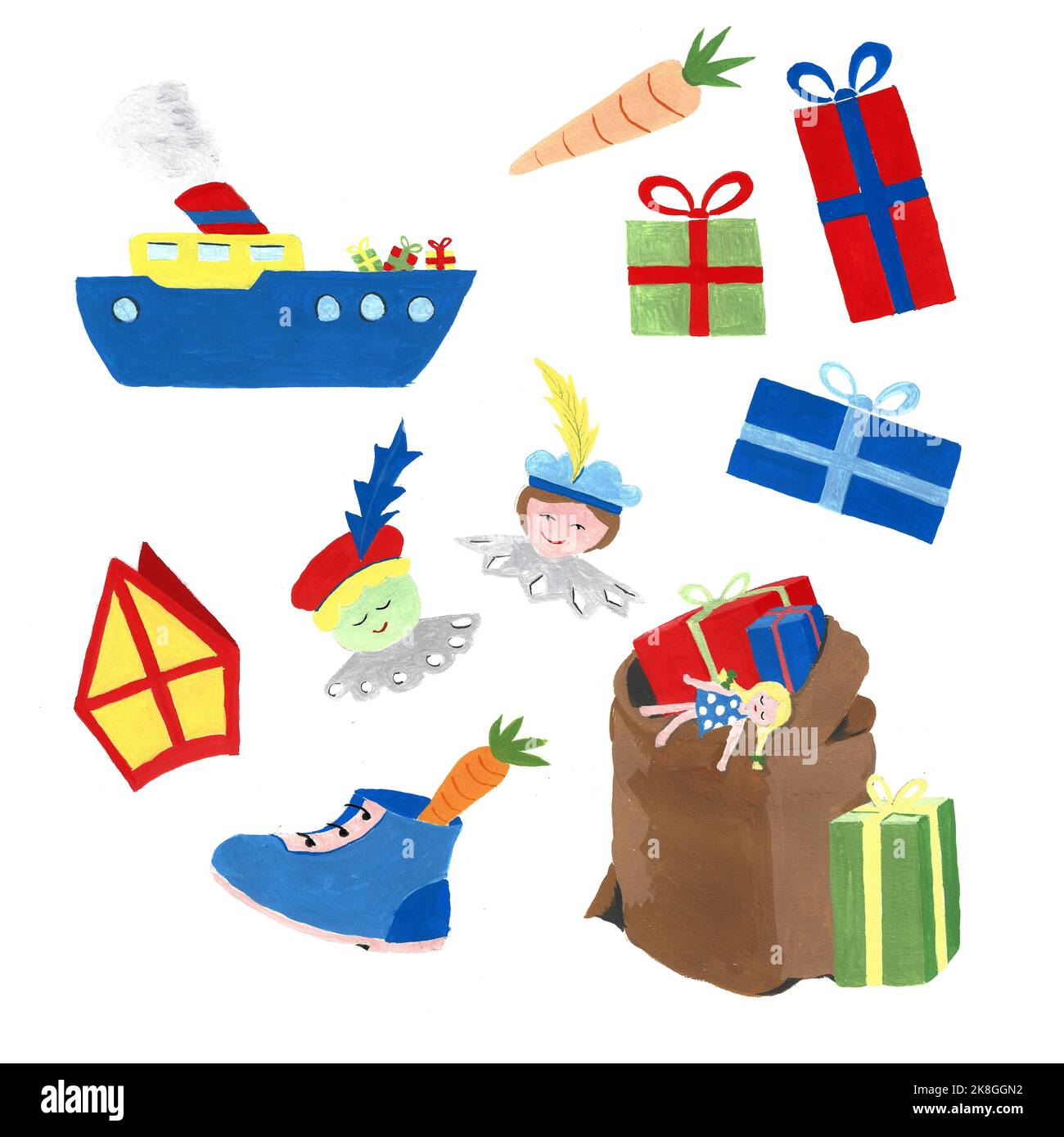 Disegno a mano con gouache da diversi attributi Sinterklaas Foto Stock