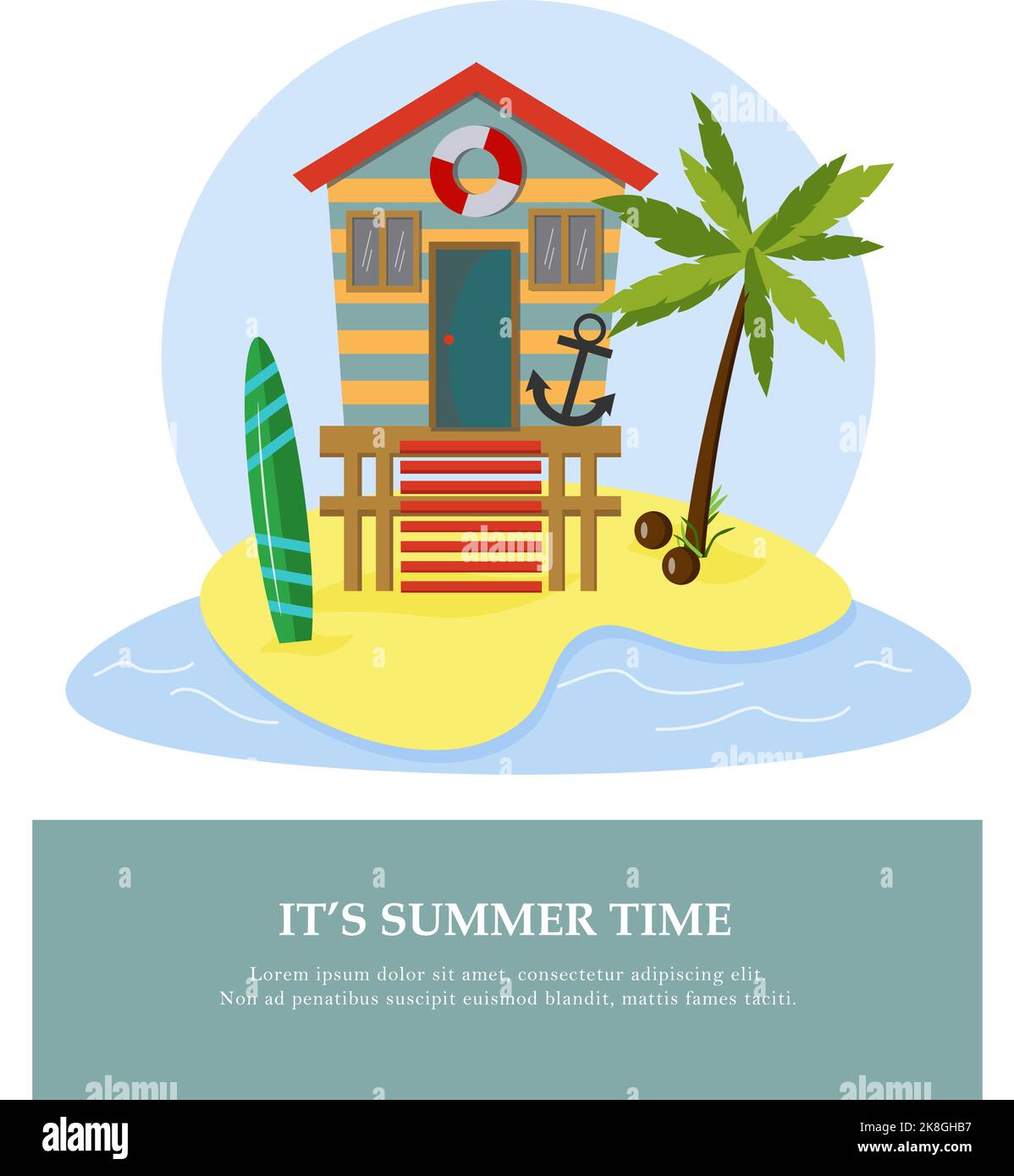 Cartolina con spiaggia bungalow palme e tavola da surf. Illustrazione vettoriale della spiaggia. Caratteristiche per una vacanza al mare sull'oceano. Per l'uso in arredamento, postca Illustrazione Vettoriale