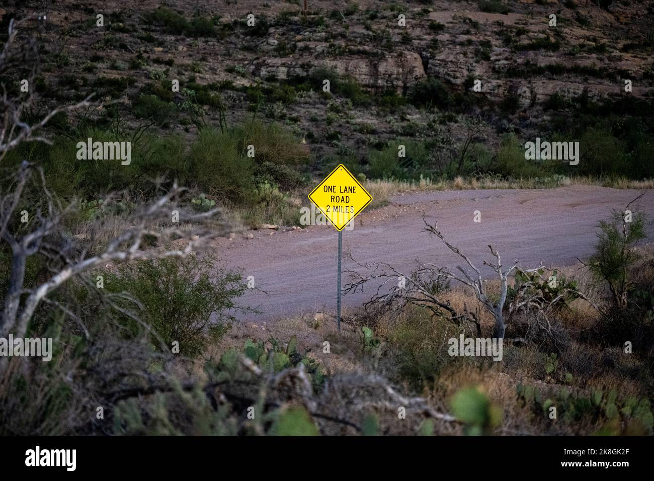 Un cartello giallo a forma di diamante per una strada a una corsia, a 2 km circa sulla state Route 88 Apache Trail in Arizona Foto Stock