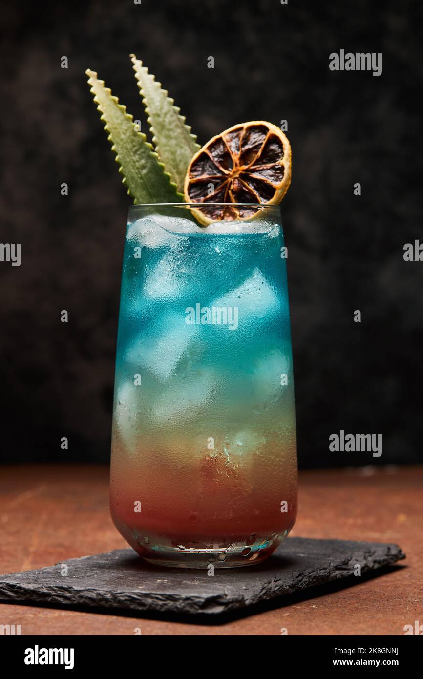 Bicchiere di paradiso arcobaleno cocktail colorato guarnito con fette di arancia e foglie su vassoio di ardesia sul tavolo Foto Stock