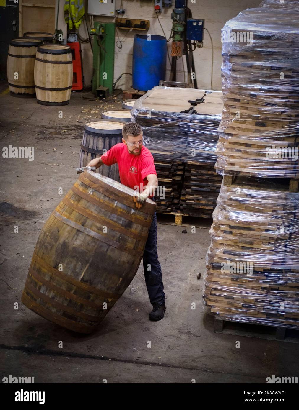 Cooper arrotolare un barile di whisky dopo una riparazione Foto Stock
