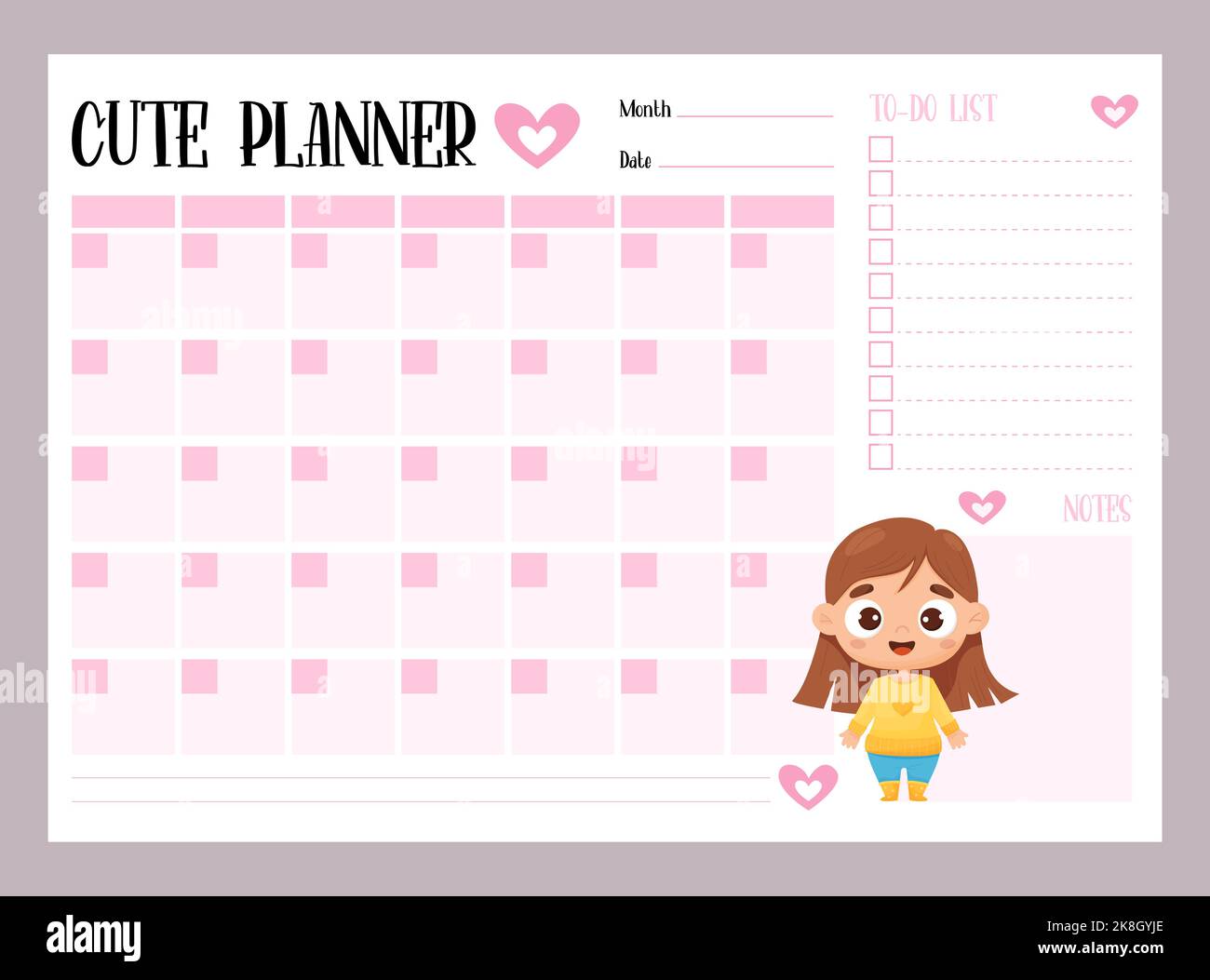 Cute bambini pianificatore mensile, fare la lista e le note con ragazza carina del cartone animato. Modello orizzontale vettoriale. Organiser girlish in rosa per stampa e design, ch Illustrazione Vettoriale