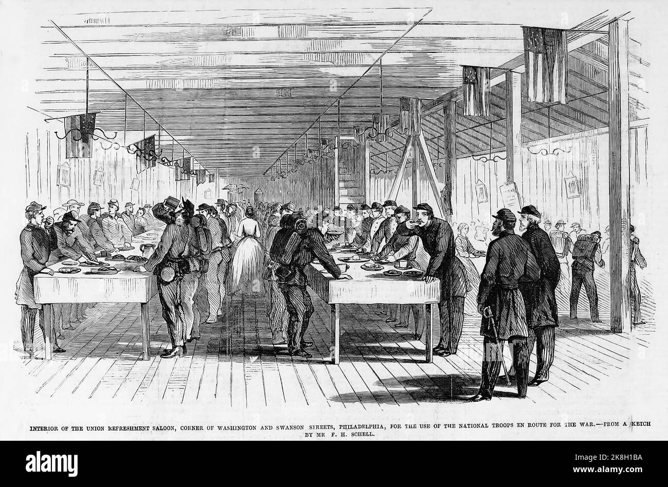 All'interno della Union Refreshment Saloon, angolo di Washington e Swanson Street, Philadelphia, per l'uso delle truppe nazionali in rotta per la guerra. Settembre 1862. Illustrazione della guerra civile americana del 19th° secolo dal quotidiano illustrato di Frank Leslie Foto Stock