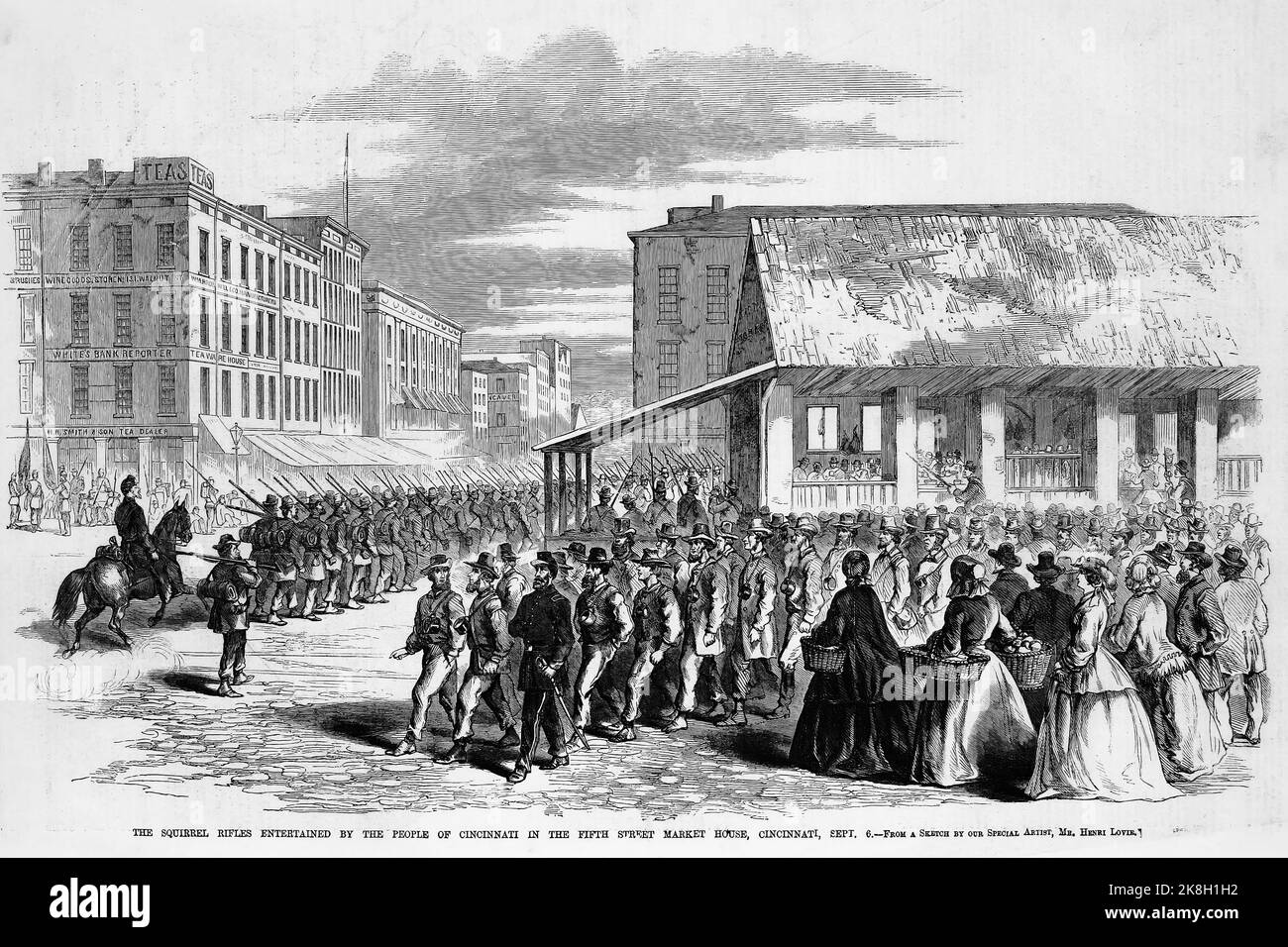 Lo Squirrel Fucili intrattenuto dalla gente di Cincinnati nella Fifth Street Market House, Cincinnati, Ohio, 6th settembre 1862. Illustrazione della guerra civile americana del 19th° secolo dal quotidiano illustrato di Frank Leslie Foto Stock