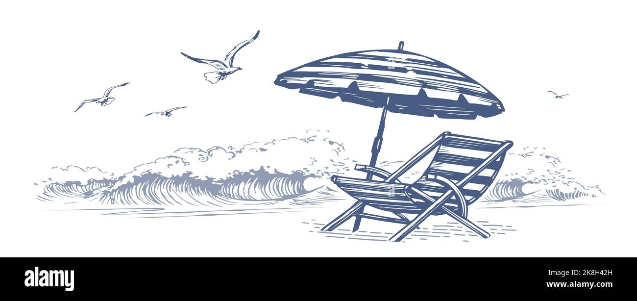 Lettino da spiaggia con ombrellone. Sedia a sdraio in legno. Mare con mare e onde, relax estivo schizzo vettore Illustrazione Vettoriale