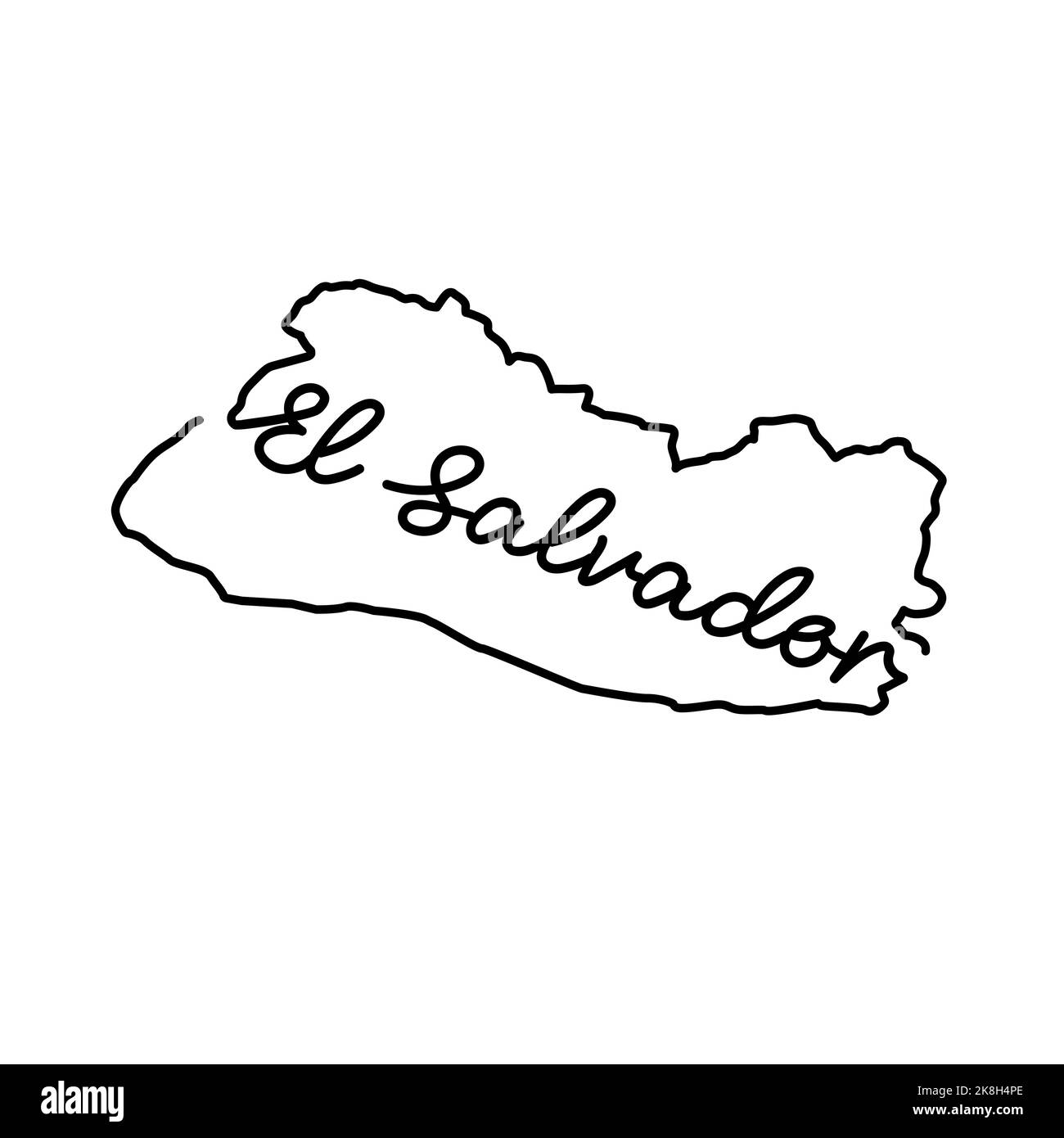 Mappa del Salvador con il nome del paese scritto a mano. Linea continua di segno di casa patriottica. Un amore per una piccola patria. Stampa T-shirt Foto Stock