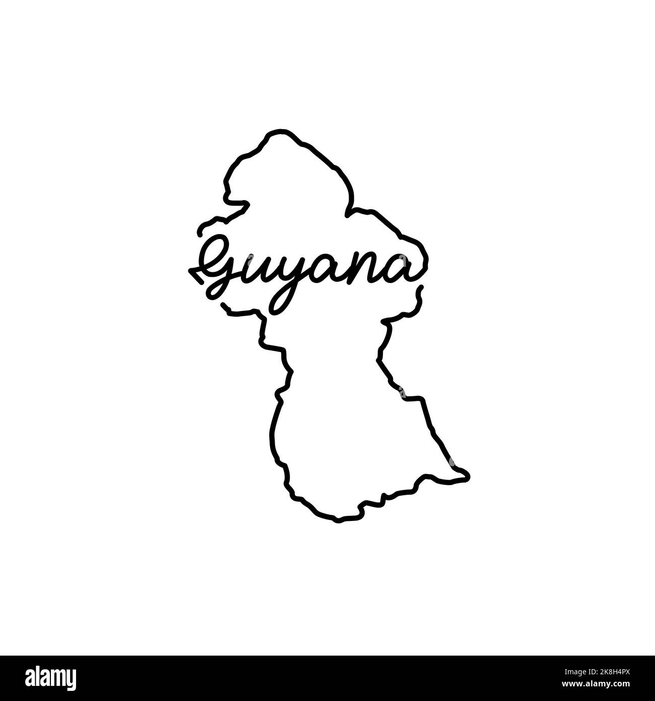 Mappa del profilo della Guyana con il nome del paese scritto a mano. Linea continua di segno di casa patriottica. Un amore per una piccola patria. T-shirt stampa idea. Foto Stock