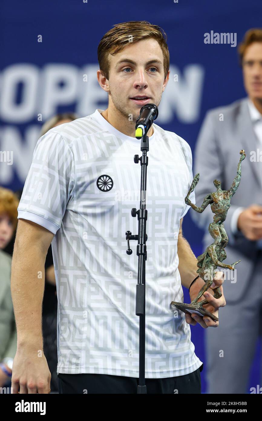 L'olandese Tallon Griekspoor, nella foto, dopo la partita finale maschile tra la coppia olandese Griekspoor - Van de Zandschulp e la coppia indiano-olandese Bopanna - Middelkoop, al torneo europeo Open Tennis ATP di Anversa, domenica 23 ottobre 2022. FOTO DI BELGA DAVID PINTENS Foto Stock