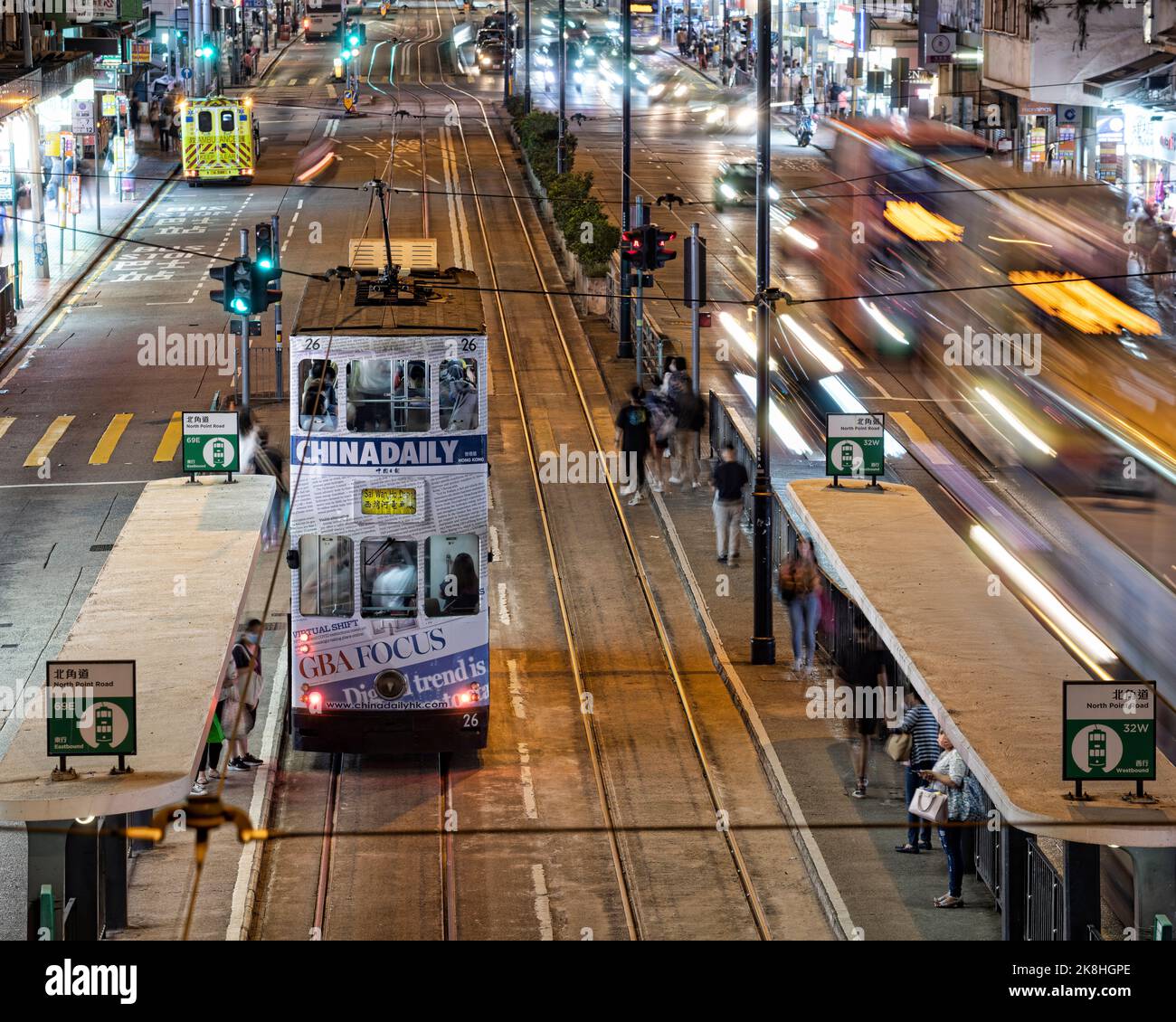 I famosi tram di Hong Kong, Hong Kong, Cina. Foto Stock