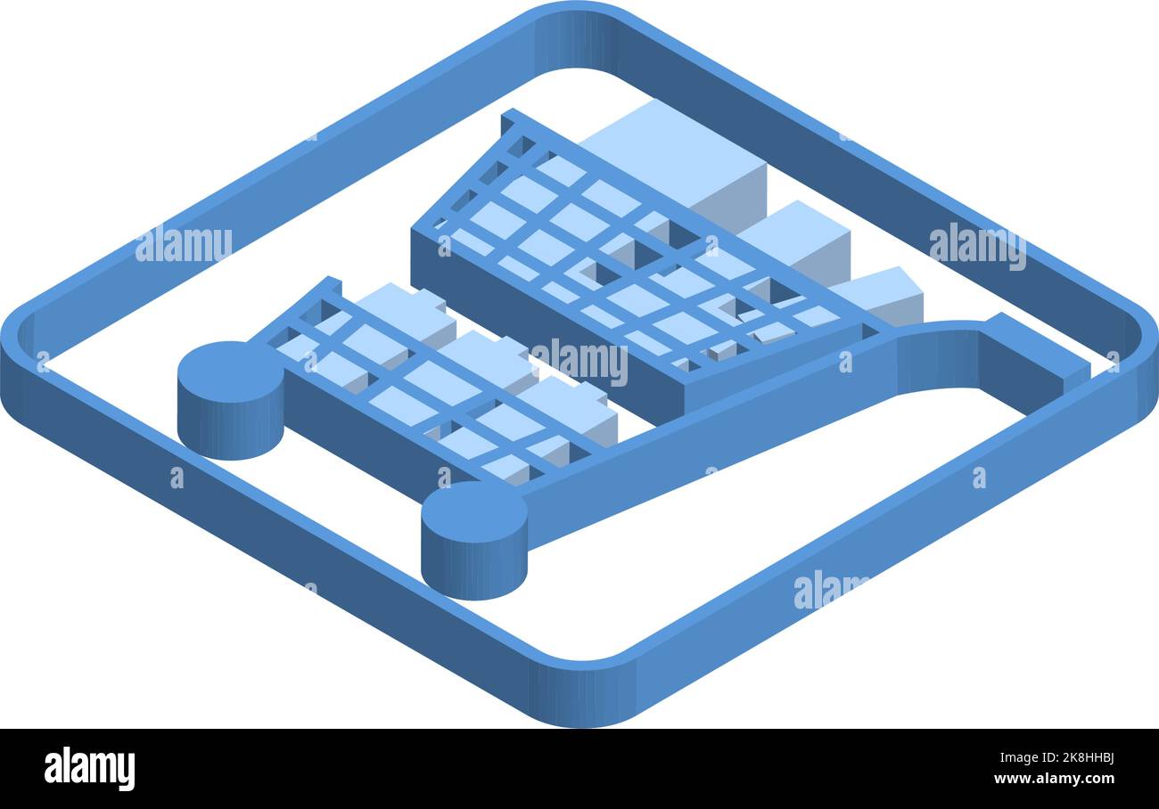 Icona blu isometrica illustrazione di un carrello pieno di cose da comprare Illustrazione Vettoriale