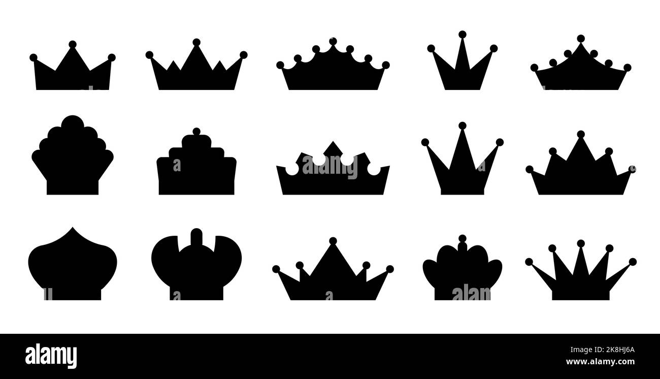 Set di silhouette araldica Crown nero. Il premio re incorona il segno dell'imperatore. Monarca di lusso del Regno. Emblema isolato Queen Power. Principessa reale simbolo araldico. Principe signore icona medievale d'epoca Illustrazione Vettoriale