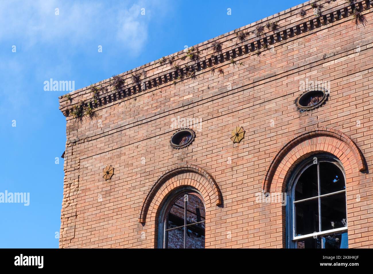 NEW ORLEANS, LA, USA - 22 OTTOBRE 2022: Angolo superiore di vecchio edificio abbandonato in mattoni rossi con finestre ad arco e erbacce germoglianti Foto Stock
