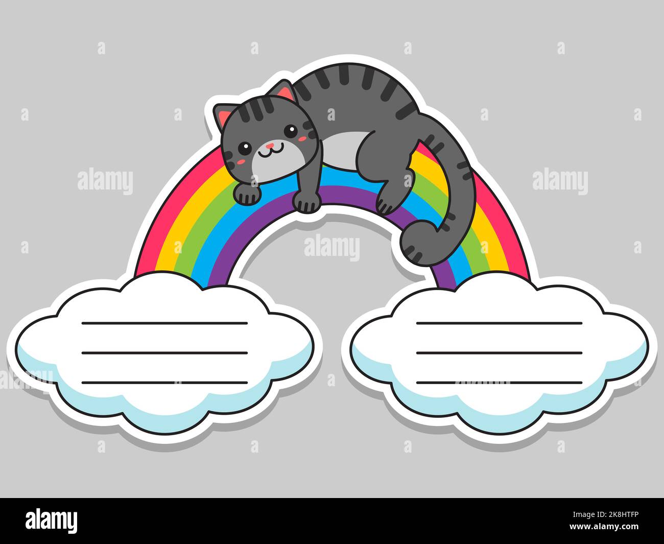 Etichette per notebook. Il gatto si trova sull'arcobaleno. Etichette delle note. Adesivi per bambini. Adesivi scuola. Illustrazione vettoriale. Illustrazione Vettoriale
