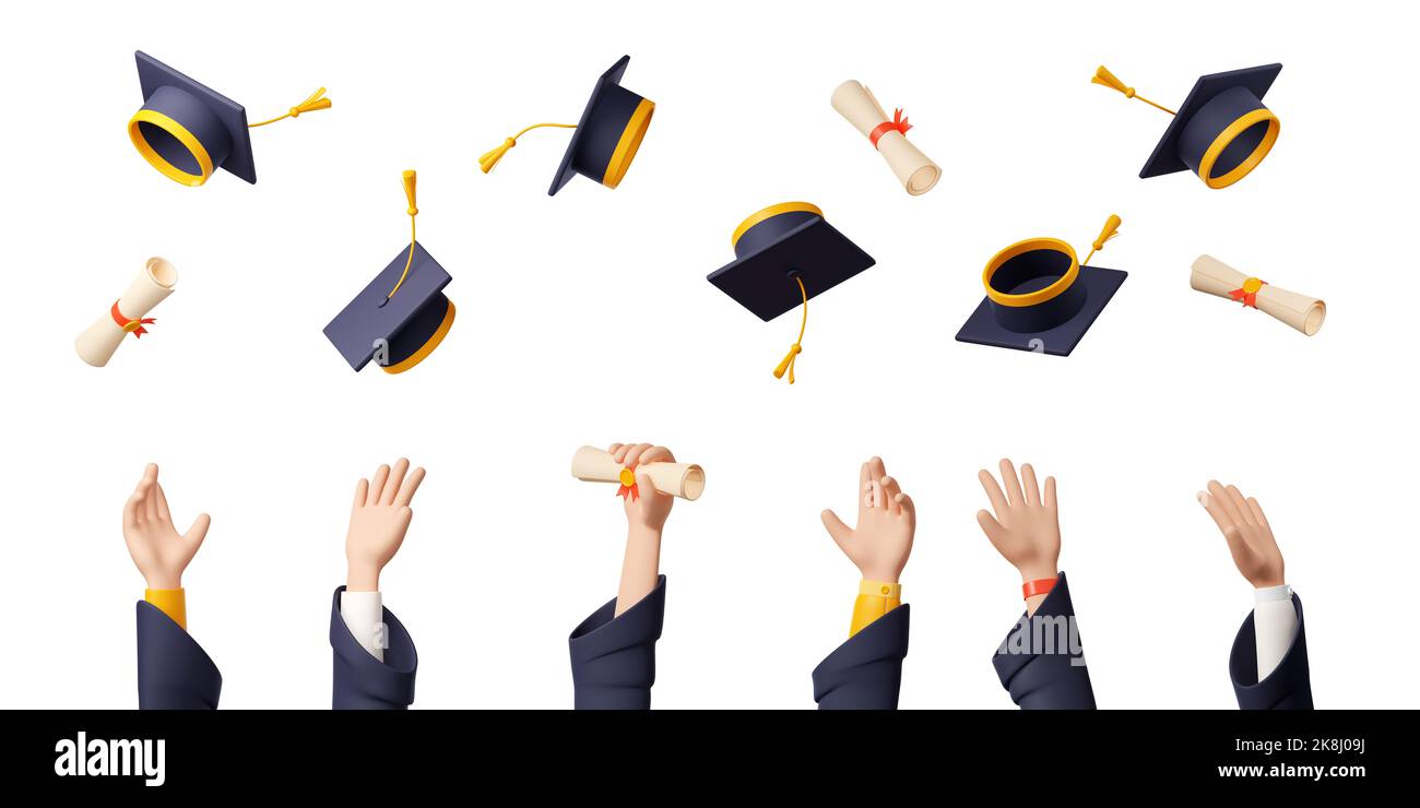 Gli studenti felici buttano in aria i tappi per le lauree e i rotoli di certificati. La gente mani, volando cappelli accademici neri e laminati diplomi su sfondo bianco, 3D rendering illustrazione Foto Stock