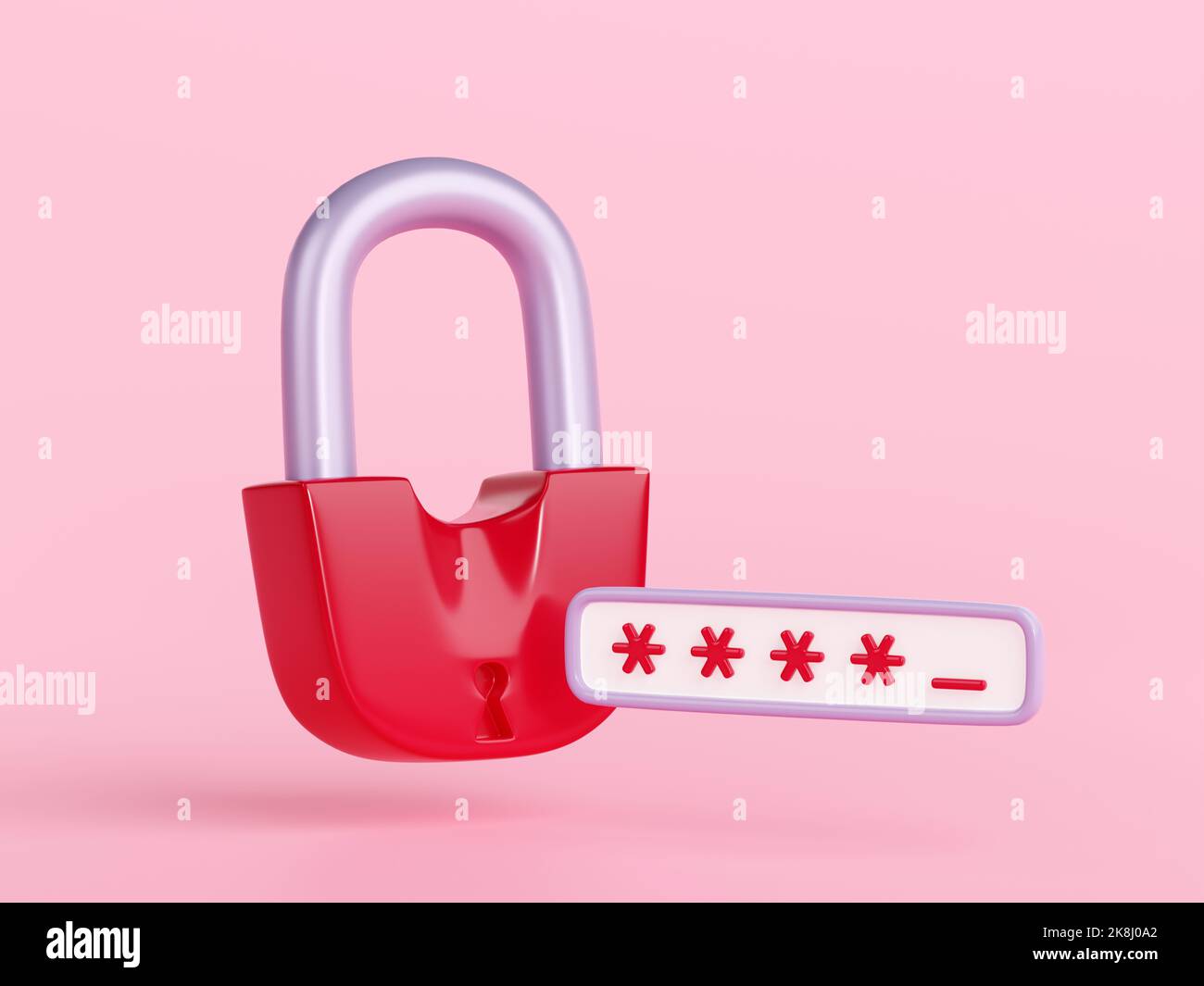 3d rendering, avviso di sicurezza, protezione dei dati personali con lucchetto rosso e campo con inserimento del codice di accesso incompleto. Sicurezza delle informazioni private dal furto, Illustrazione in stile cartoon plastico Foto Stock