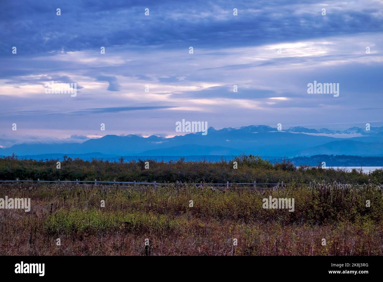 Ebey's Trail, Admiralty Inlet Preserve, Whidbey Island, Washington, Stati Uniti, Olympic Peninsula in lontananza Foto Stock