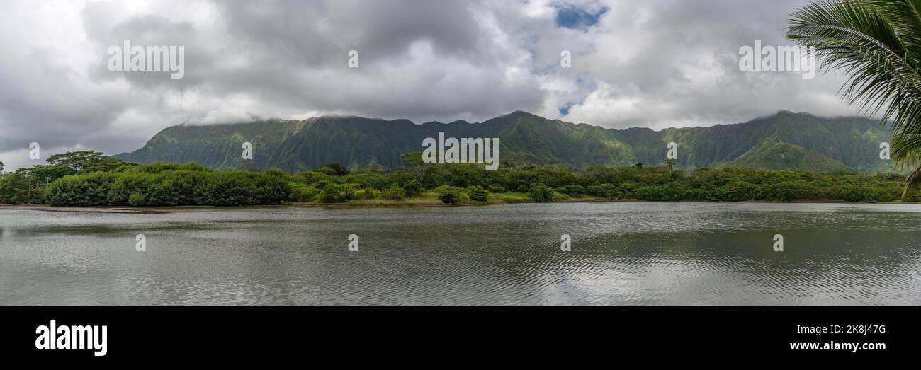 Ampie vedute panoramiche di Oa'hu nelle Hawaii durante la primavera. Foto Stock