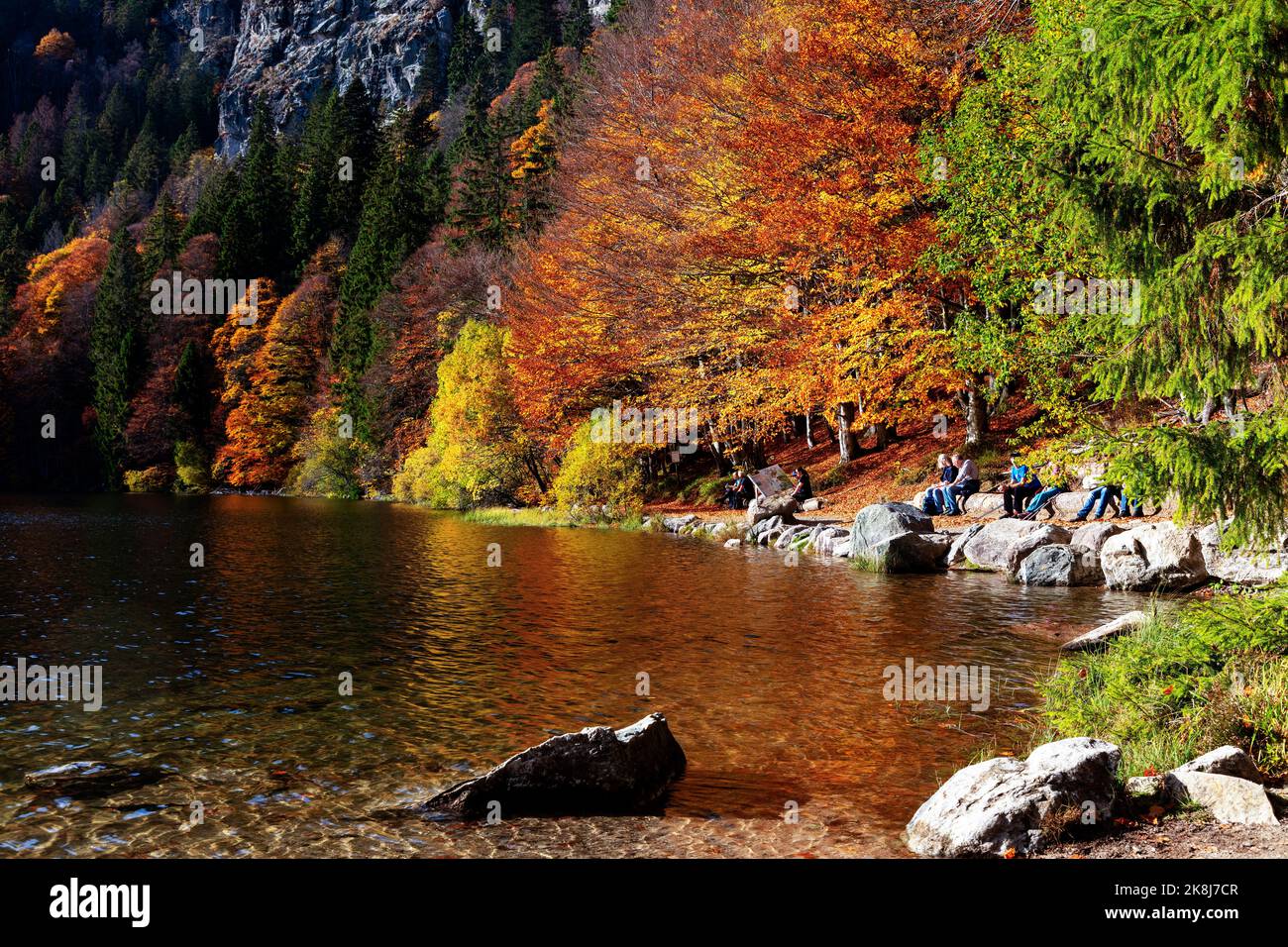La gente gode la pace e la tranquillità al lago autunnale Feldsee nella Foresta Nera, in Germania Foto Stock