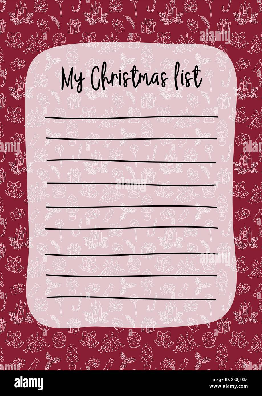 Modello vuoto della lista dei desideri di Natale. Wishlist di Natale vuota con spazio di copia. Dicembre doodles sfondo. Illustrazione vettoriale. Formato carta verticale A4 Illustrazione Vettoriale