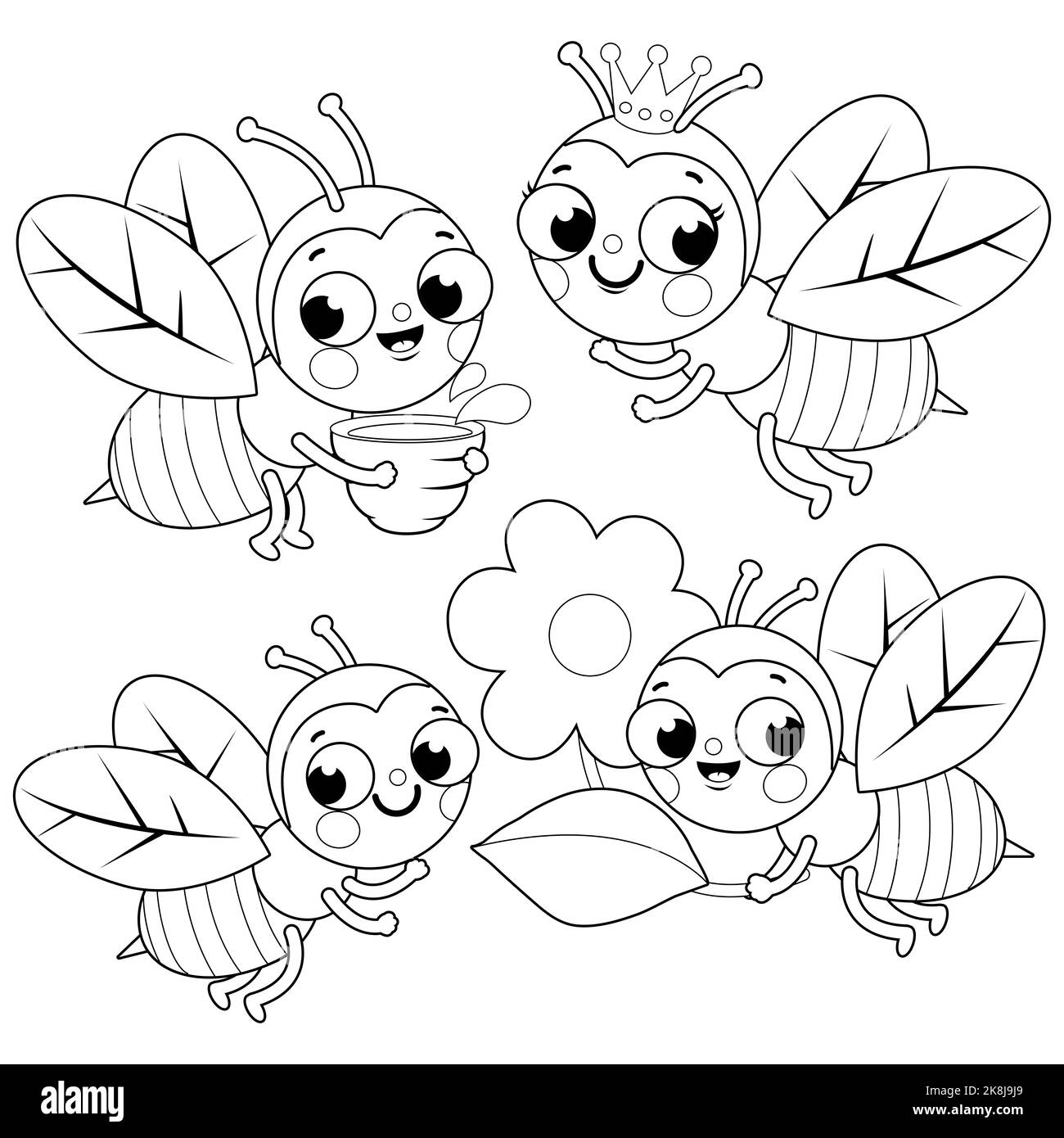 Set di belle api. Pagina da colorare in bianco e nero Foto Stock