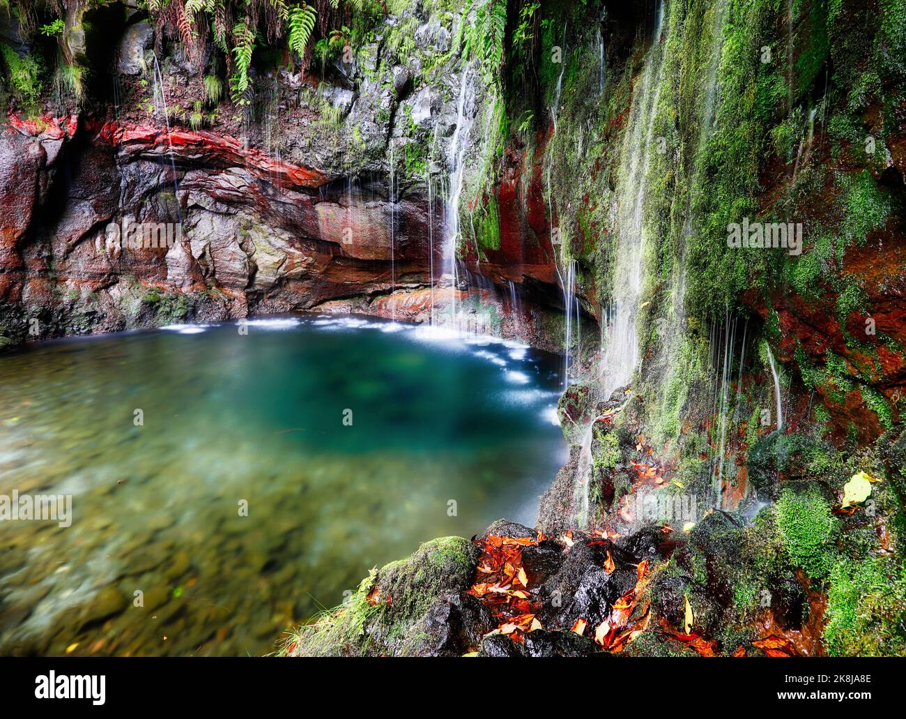 Cascata di Madeira - 25 Fontes o 25 sorgenti in inglese. Rabacal - Paul da Serra. L'accesso è possibile tramite la Levada das 25 Fontes Foto Stock