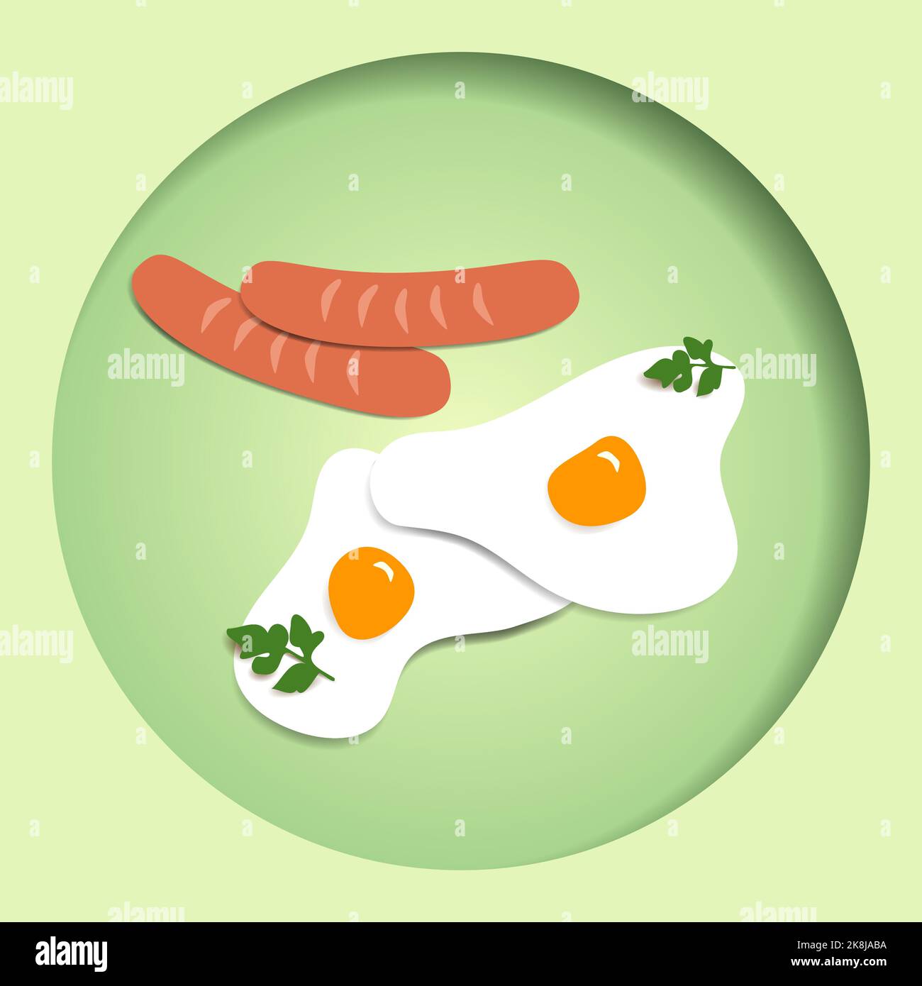 Uova fritte con salsicce e prezzemolo su sfondo verde, illustrazione vettoriale Illustrazione Vettoriale