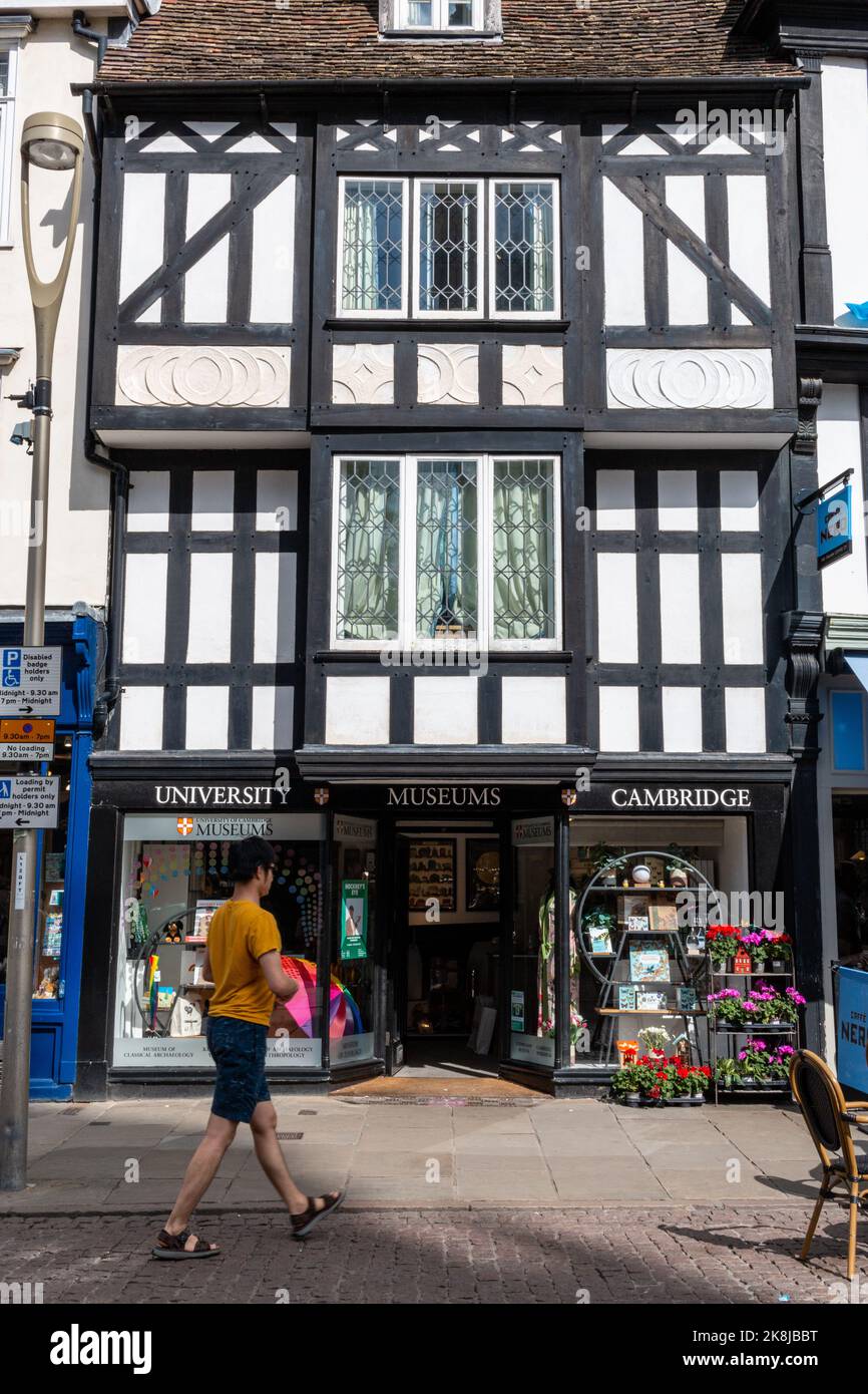 Il negozio di articoli da regalo dell'Università di Cambridge Museums si trova in un edificio Tudor a Kings Parade, Cambridge, Regno Unito. Foto Stock