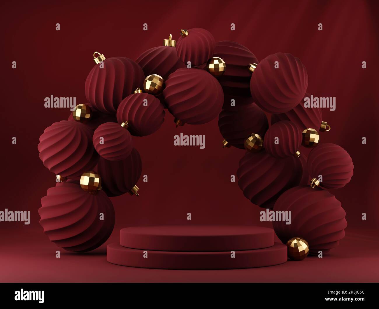 3D sfondo rosso natalizio con podio e cornice decorativa Foto Stock