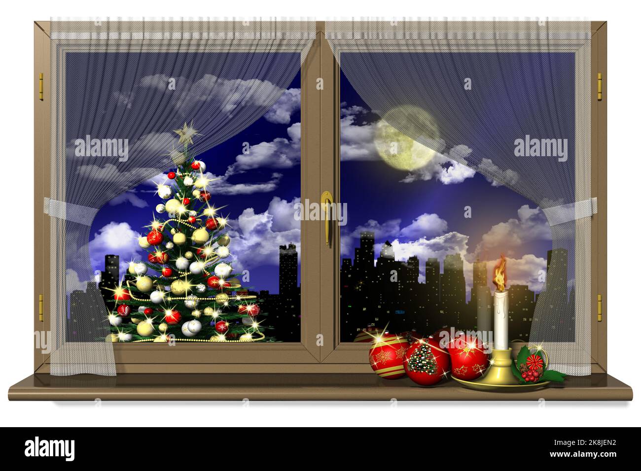 3D'illustrazione. Finestra con decorazione di Natale. sera d'inverno il paesaggio. Foto Stock