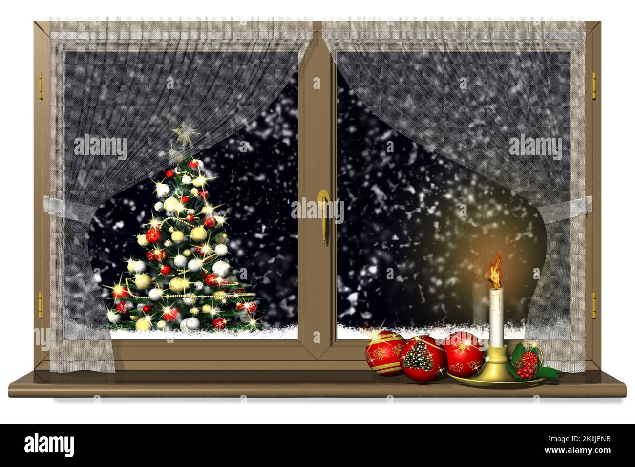 3D'illustrazione. Finestra con decorazione di Natale. Paesaggio invernale di notte. Foto Stock
