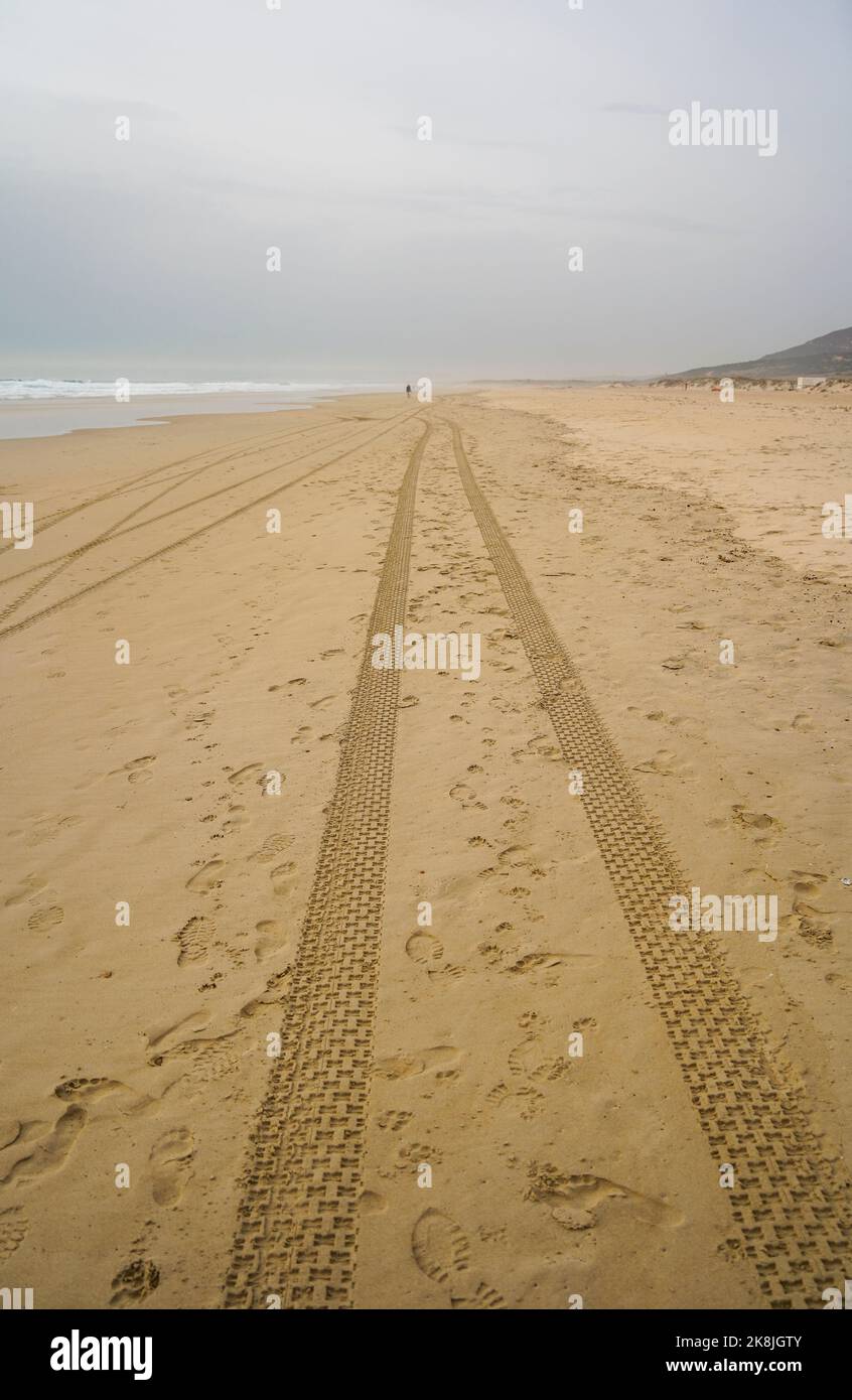 Piste per auto su una spiaggia vuota, Tarifa, Spagna. Foto Stock